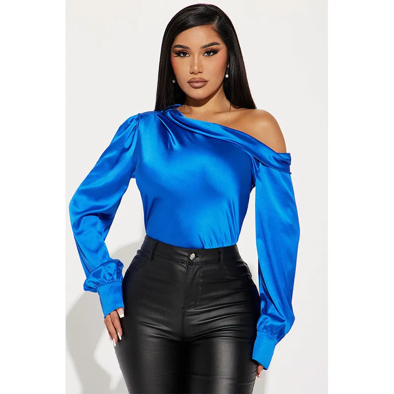 Elegant Skew Collar Satin Women Shirts Black Long Sleeve Off Shoulder Solid Color Autumn Winter Fashion Blouse And Tops