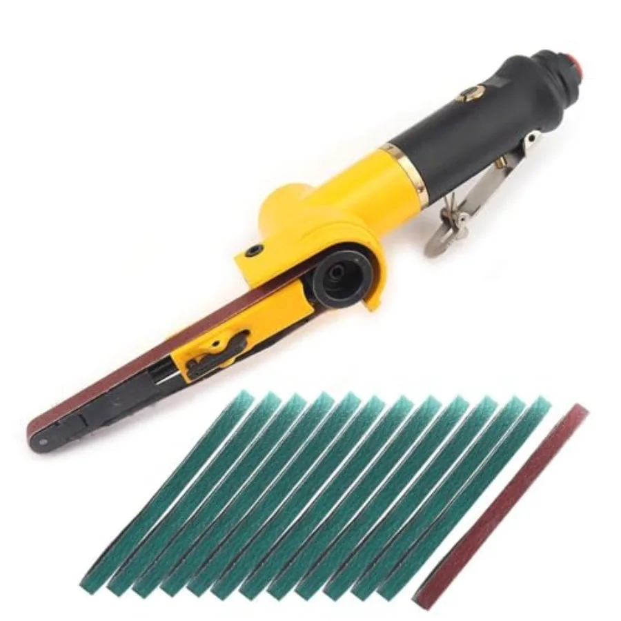 

3/8" Pneumatic Belt Sander Set - 14pcs Belts, Grit 60/80/120, Mini Air Belt Grinder for Aluminium, Iron, Steel Metal Polishing
