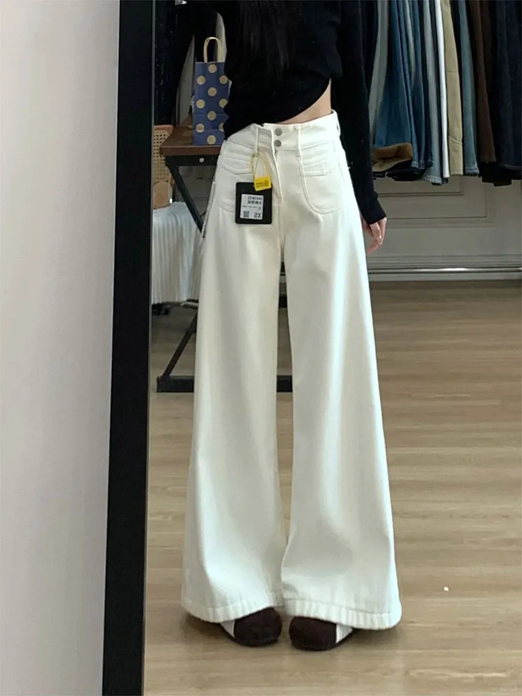 하이웨이스트 안감 있는 와이드 레그 진 여성용 루즈핏 편안한 슬림핏 레이지 센세이션 플로어 기장 팬츠 캐주얼 코튼 블렌드