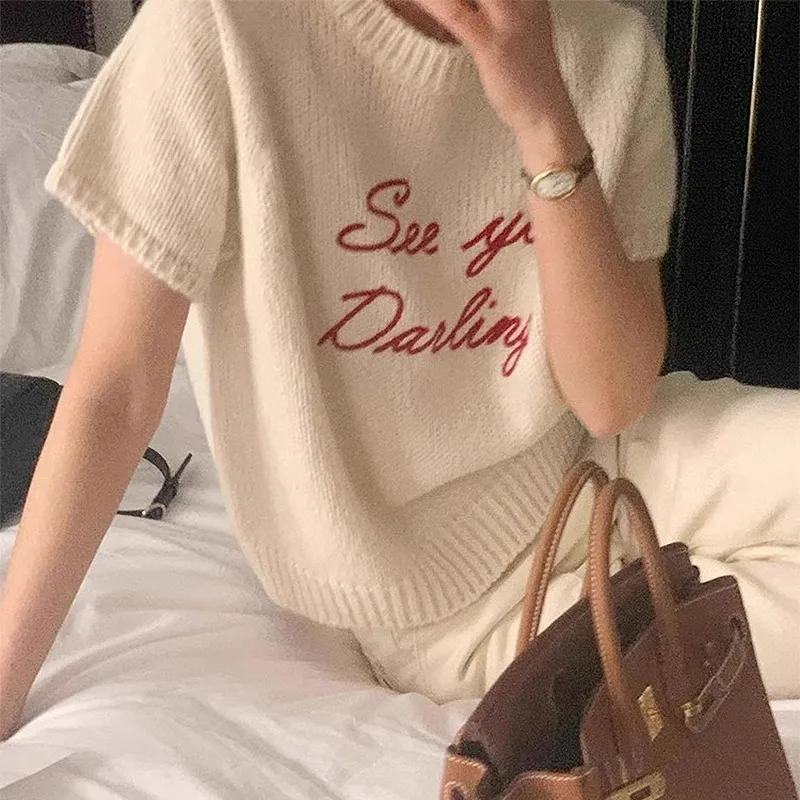 Neploe Korean Fashion O-neck Letter Sweater Mujer Spring New Loose All-match Knitted Tops Women Y2k Short Sleeve Pullovers