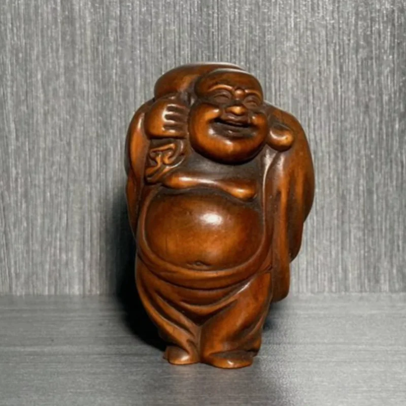 Antique China Boxwood Carved Laughing Buddha Statue Sculpture Figurines Artwork