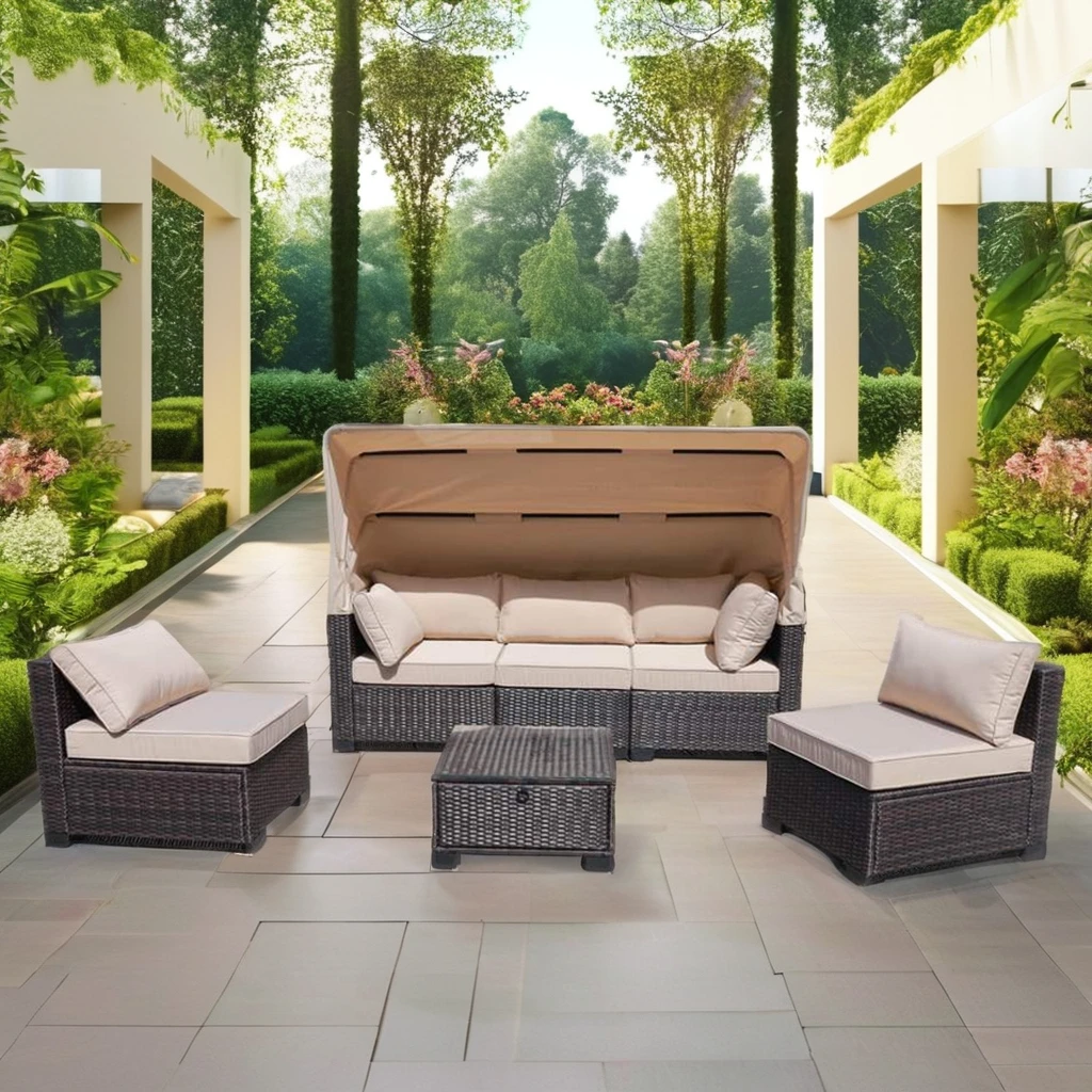 Modern High Quality PE Rattan Outdoor Garden Sofa Day Bed with Steel Frame Glass for Courtyards Hotels or Bedrooms Parks Use