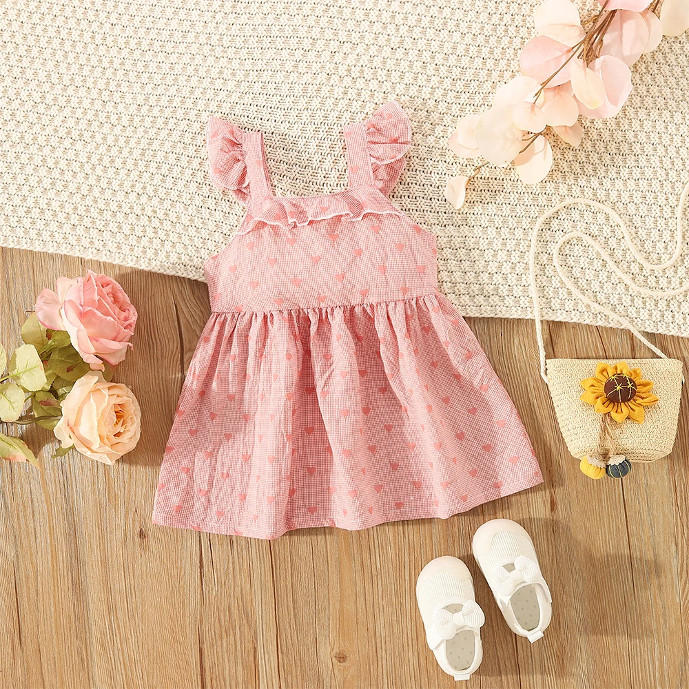 (0-3 Years Old) Summer Cotton Full Print Love Little Flying Sleeve Baby Girl Dress Cute Lace Princess Girl Dress