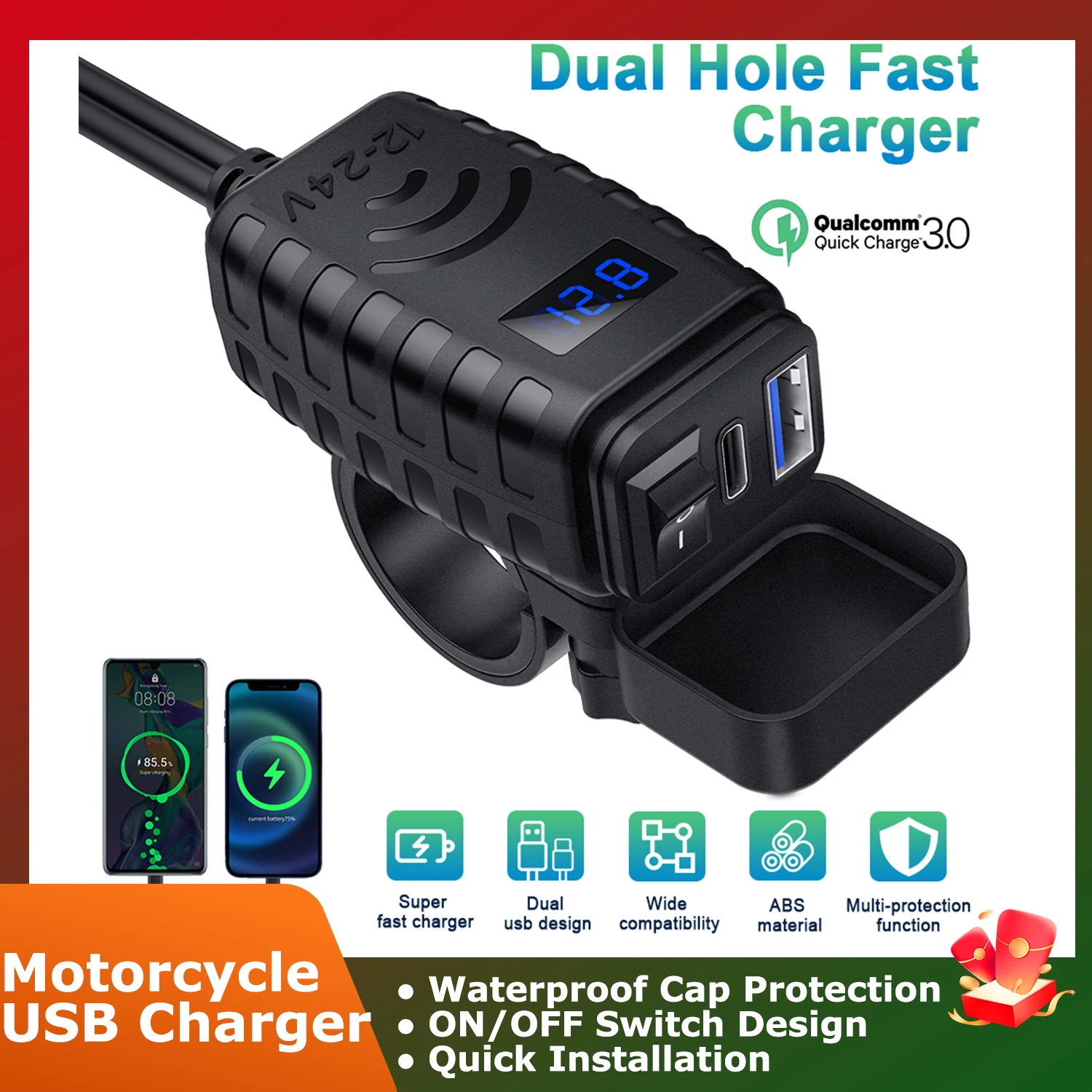Motorcycle Phone Charger Waterproof Motorcycle USB Charger Socket with Voltmeter & ON/Off Switch for Phone, Tablet, GPS