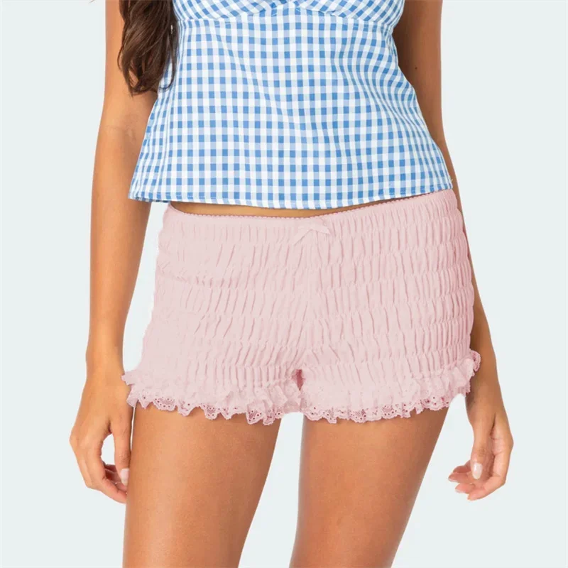 

Women Y2k Smocked Boyshorts Elastic Waist Pajama Shorts Cute Sexy Ruched Lace Frill Ruffle Micro Shorts