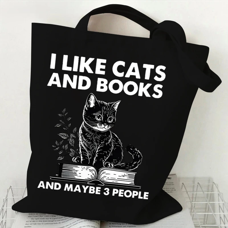 New Cats and Books Pattern Shopping Bags Women Reusable Recycle Bag Bookworm Cat Lover Canvas Shopping Bags Reading Club Handbag