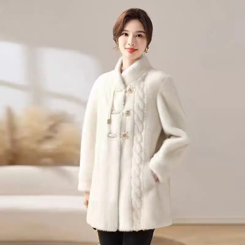 Brown Fur Coat Mom Winter Coat Thickened Medium Long Imitation Mink One Piece Stand Collor Coat Women Fur Jacket Female