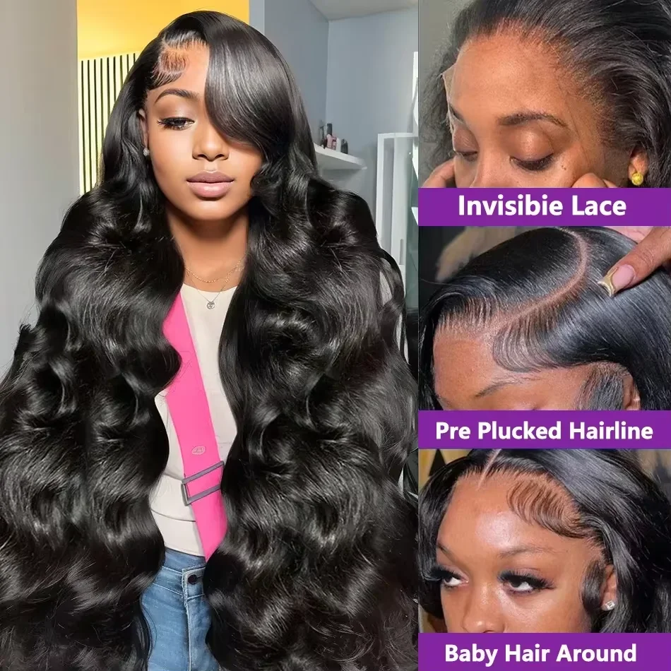 18-46 Inch Body Wave Lace Front Wig Human Hair 200 Density 13x6 HD Transparent Lace Frontal Pre Plucked Natural Black For Women view 3