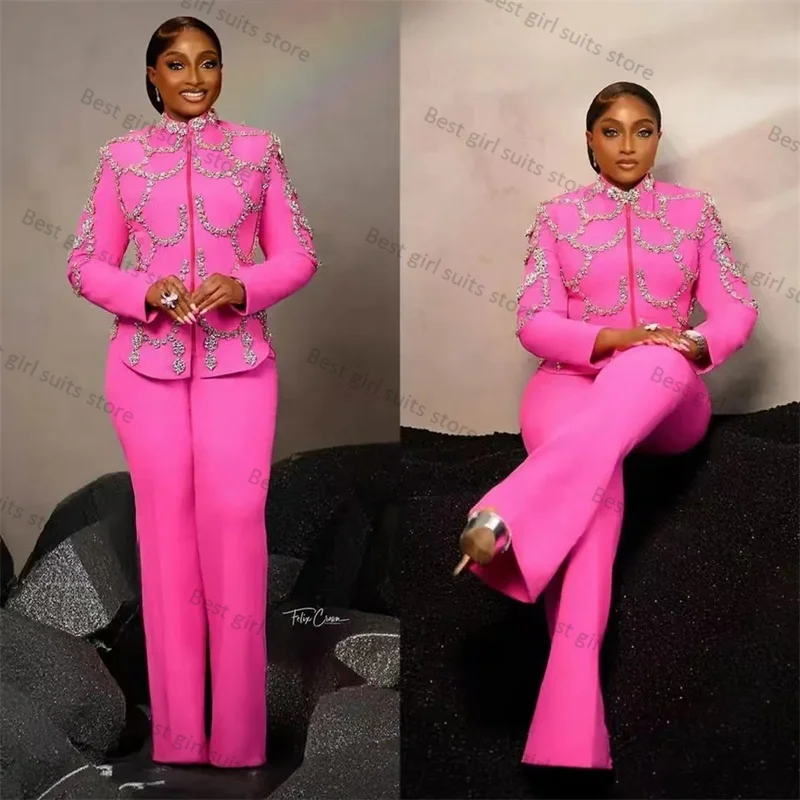 Hot Pink Crystals Women Suit Pants Set Blazer+Trousers 2 Pieces Formal Office Lady Wedding Tuxedo Custom Made Cotton Jacket Coat