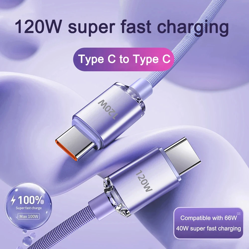 120W USB-C To Type C Cable USB C Super Fast Charging Phone Charger Data Cord For Xiaomi Samsung Huawei iPhone Quick Charge Cable