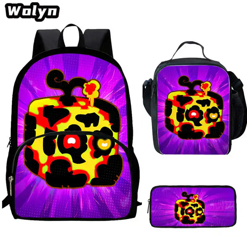 Sacos escolares dos desenhos animados com estampas de frutas, mochilas escolares, lancheira, estojo de lápis, meninos e meninas, 3pcs