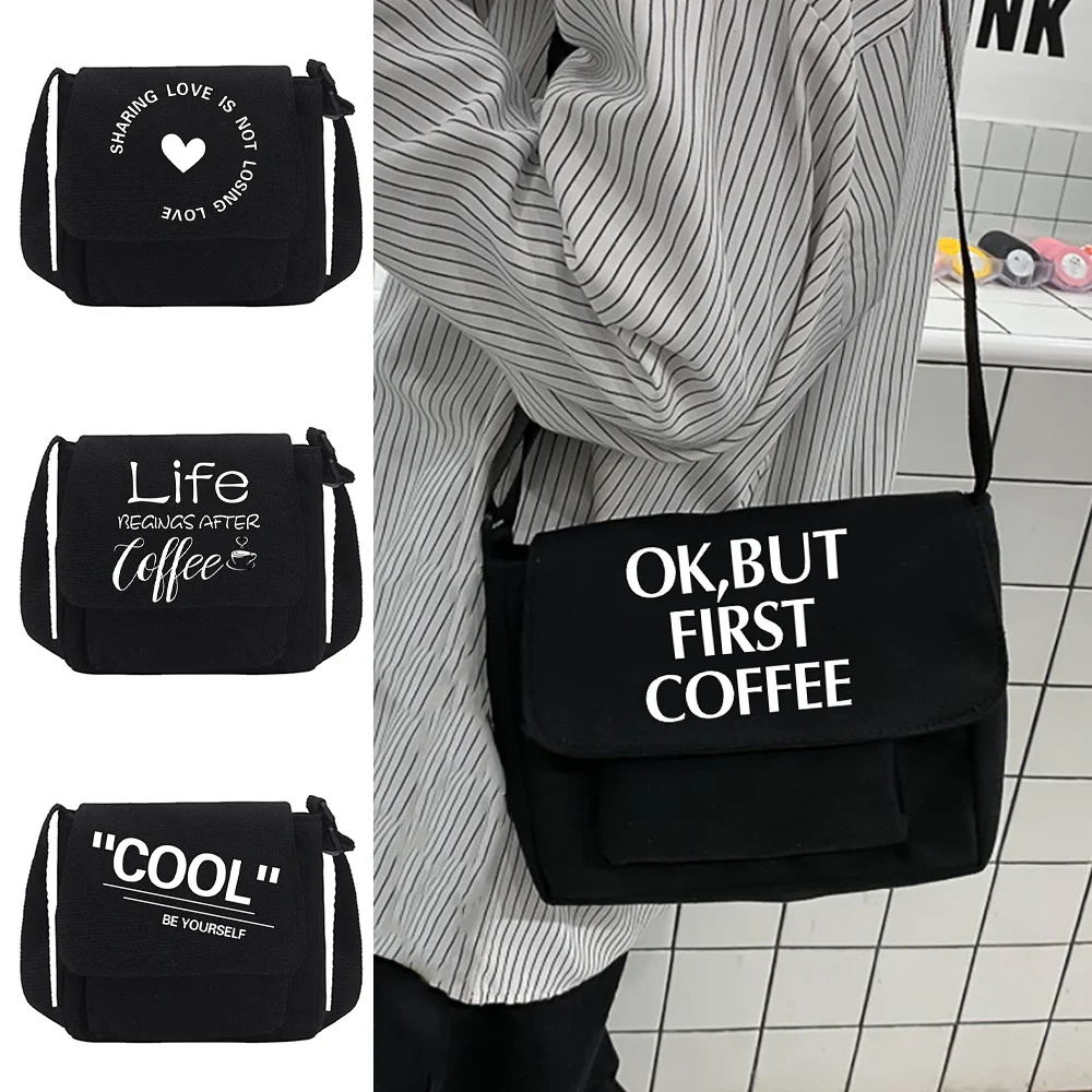 Everyday Practical Canvas Sling Bag Adjustable Strap Flap Cover Multiple Storage Slots Food Pattern Crossbody Purse Short Travel