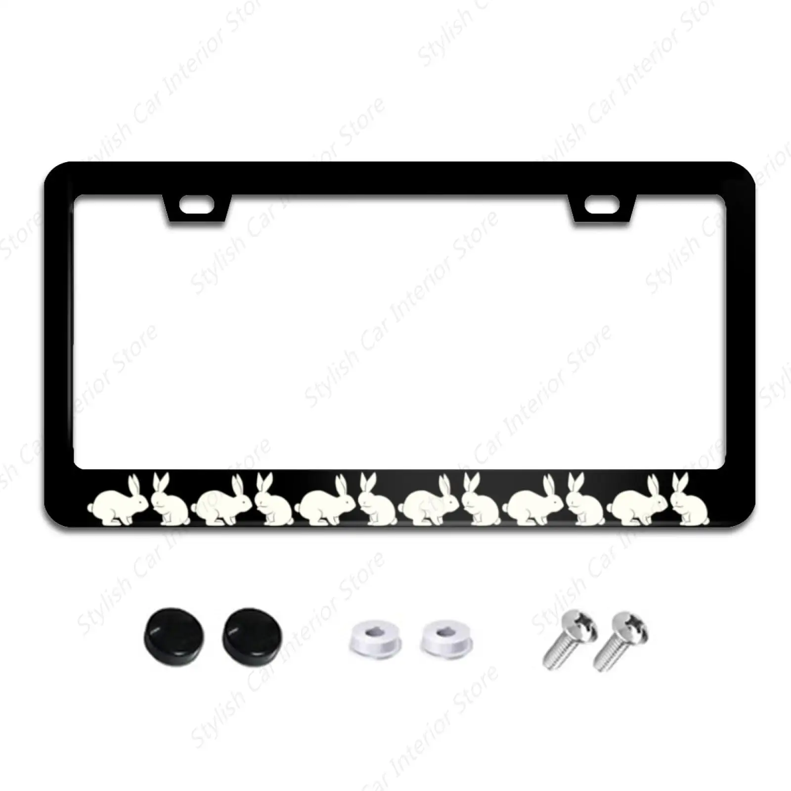 Cute Rabbit License Plate Frame White Bunnies License Plate Frames Aluminum Car Accessories Cover with 2 Holes and Screws