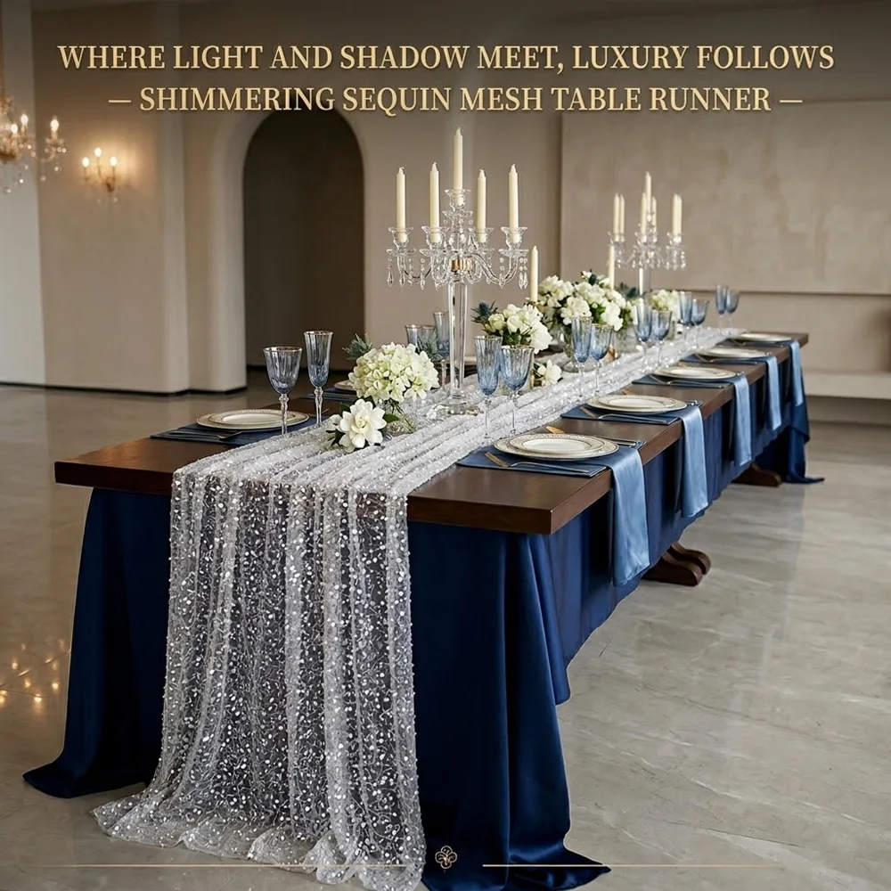 

Pearl Sequin Mesh Table Runner Sheer Tulle Wedding Dining Table Decor for Bridal Shower Christmas Party