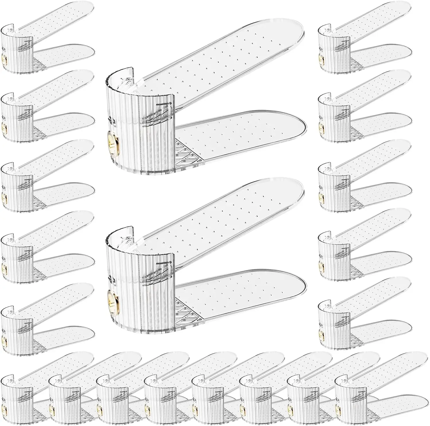

Adjustable Double Layer Shoe Rack Organizer, Space Saving Closet Storage for Sneakers, Heels, Flats, 20 Pack Clear