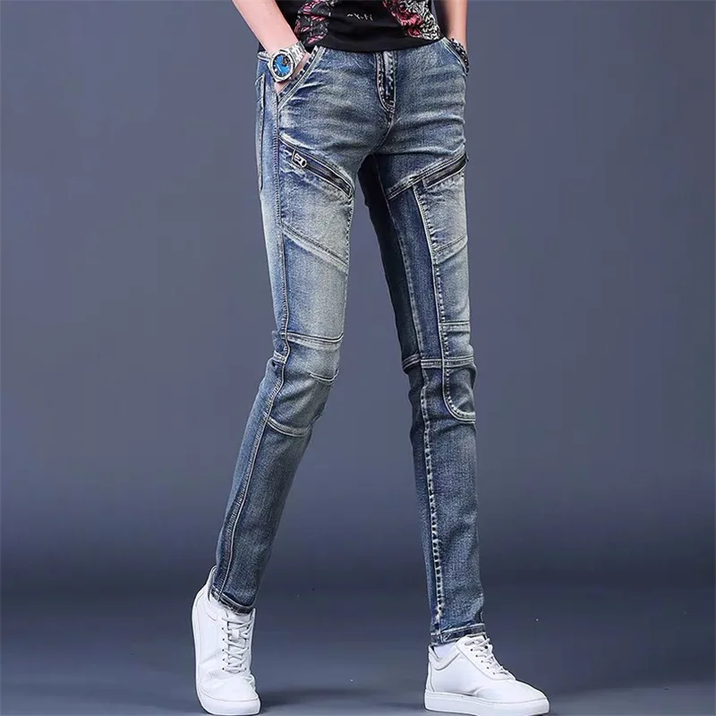 Celana Panjang Denim Biru Dicuci Antik Trendi Kasual Sambungan Kurus Pria Fashion Baru Musim Semi Musim Gugur 2025 Celana Jeans Pria Pakaian Jalanan