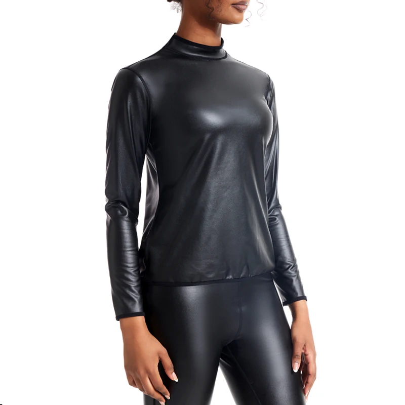 Women Stand Collar Leather Long Sleeves Shirt Motorcycle Top Body Shaper Waist Trainer Slim Tshirt Fashion Casual Shapewear Tops