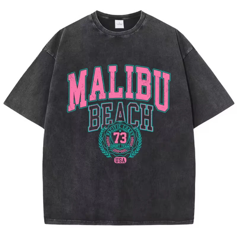 

Street Women Cotton Washed T-Shirt Malibu Beach Simple Letter Printing Print Tee Shirt Fashion Loose Tops Casual Female Clothes