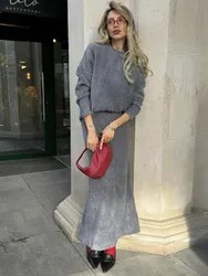 Soft Knit Pullovers Tops And Fishtail Long Skirt Sets New Fall Winter Fashion Women Suit Vintage O-neck Sweater + Skirts Outfits