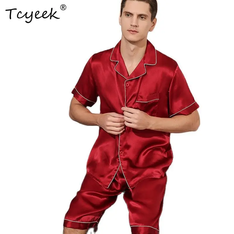 Tcyeek 19 Momme 100% Set Piyama Sutra Murni Pakaian Rumah Pria Celana Pendek Pakaian Santai Lengan Pendek Kasual Pria Setelan 2 Potong S38011QM