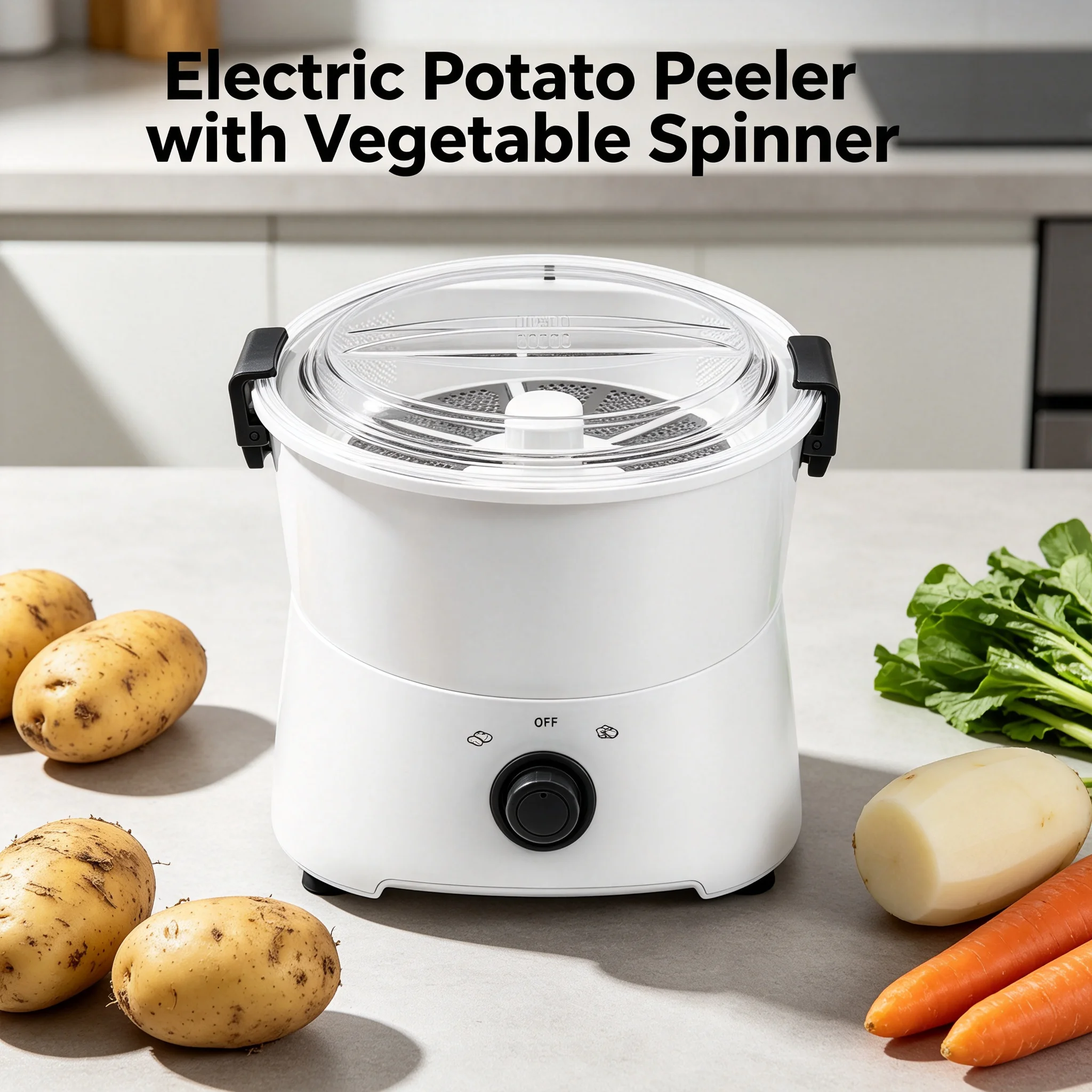 Electric Potato Peeler with Vegetable Spinner, One-Button Automatic Peeler 85W Pure Copper Motor, 1.76 lbs Capacity Potato Peeler for Kitchen Restaurant, White