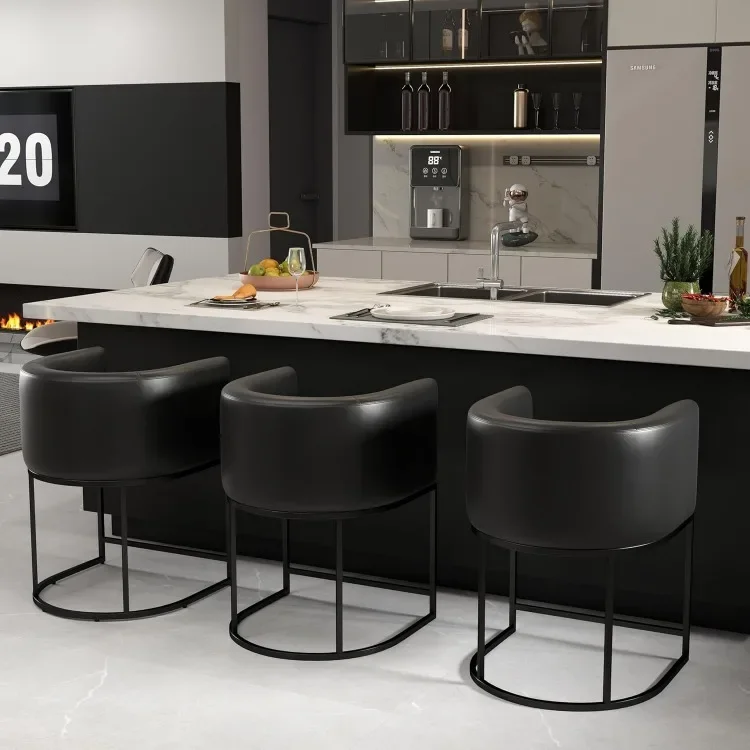 Modern Barrel Counter Height Clearance Bar Stools Set of 4, 24 Inch Kitchen Black Bar Stools with Back, PU Leather Barstools
