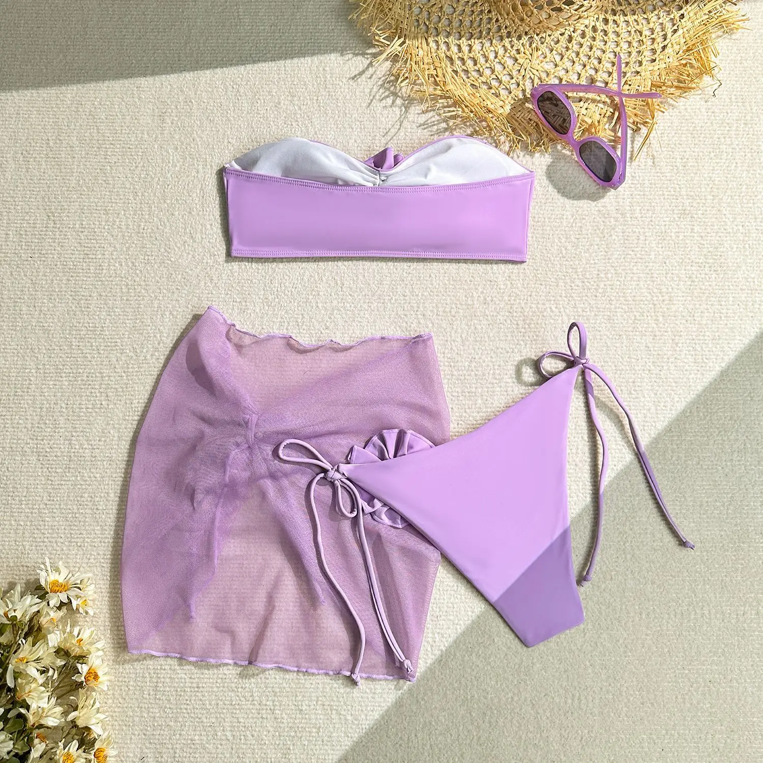 Micro Purple 3D Flowers Bikini Women Set 2024 Sexy Ups for Swimwear Women 3-częściowy trójkąt Micro Thong Swimsuit String Biquini