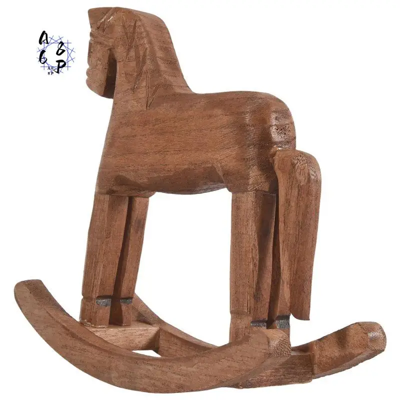 A68P-Vintage Carved Wood Rocking Horse Animals Decorated With Wood Carved Craft Horse Figurines For Home Decoration