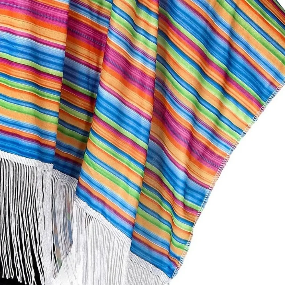 High Quality Colorful Striped Ethnic Style Cloak Tassel Trim Lightweight Mexican Poncho Performance Costume Cape for