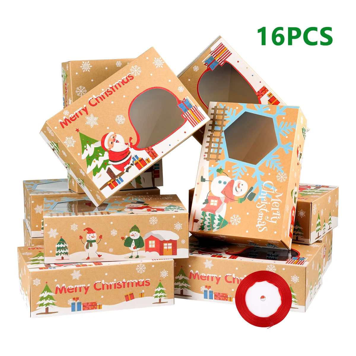 Hemoton 16pcs Christmas Cookie Boxes Kraft Paper Boxes with 1 Roll/22m Ribbons Gift Candies Boxes for Christmas Party Holidays B