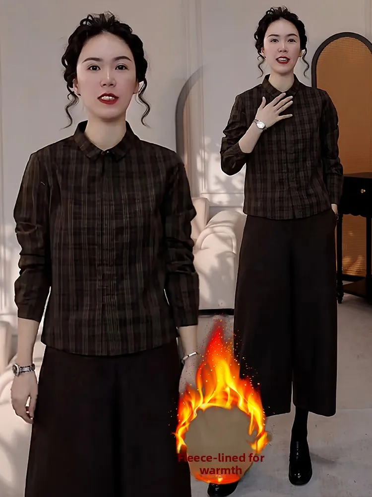 

Faionable Plaid Long Sve Women's irt Thiened Fce Warm Winter Top Retro Sle Regular Fit Button down Casual Blouse