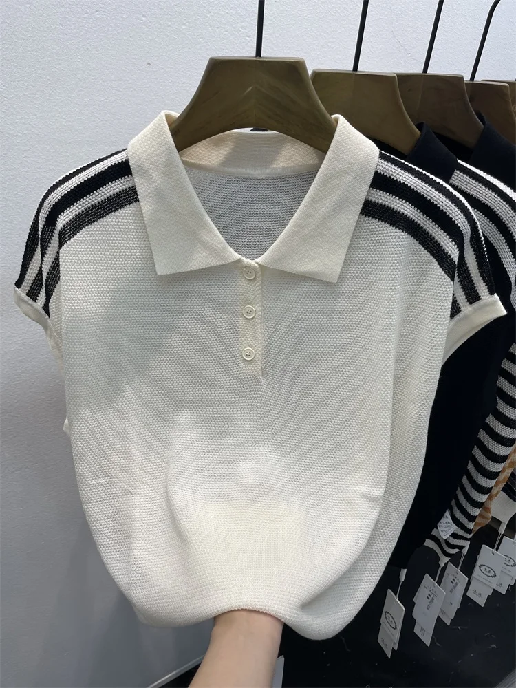 Été nouveau grande taille femmes Ne épissure couleur glace soie ort Sve t-shirt bouton Faionable réduction de l'âge Svel...