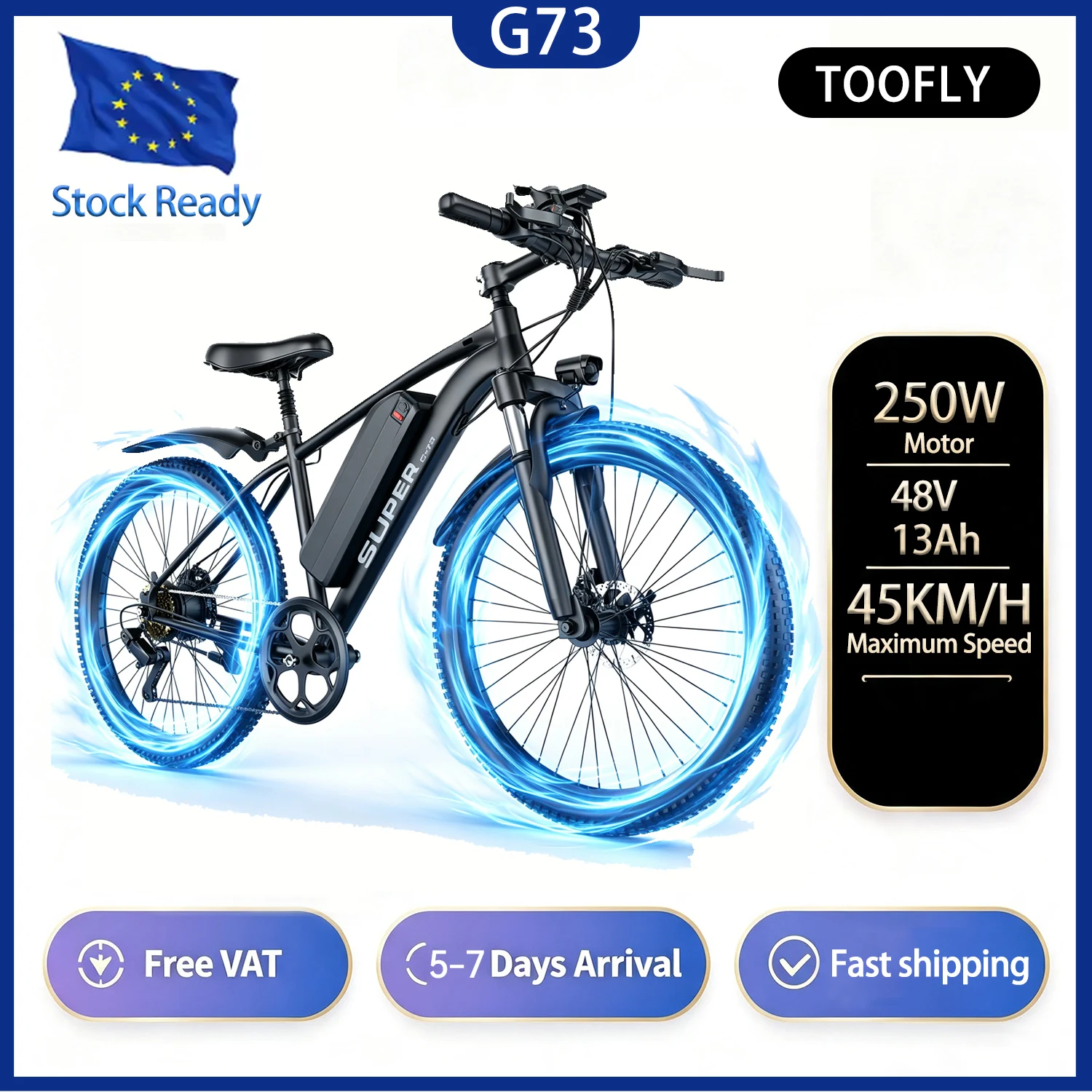 Bicicletta elettrica TOOFLY G73 | Motore da 250 W, batteria da 48 V e 13 Ah, velocità massima di 41 km/h, pneumatici da 26 x 1,95", e-bike leggera per gli spostamenti urbani, freni a disco e luci.