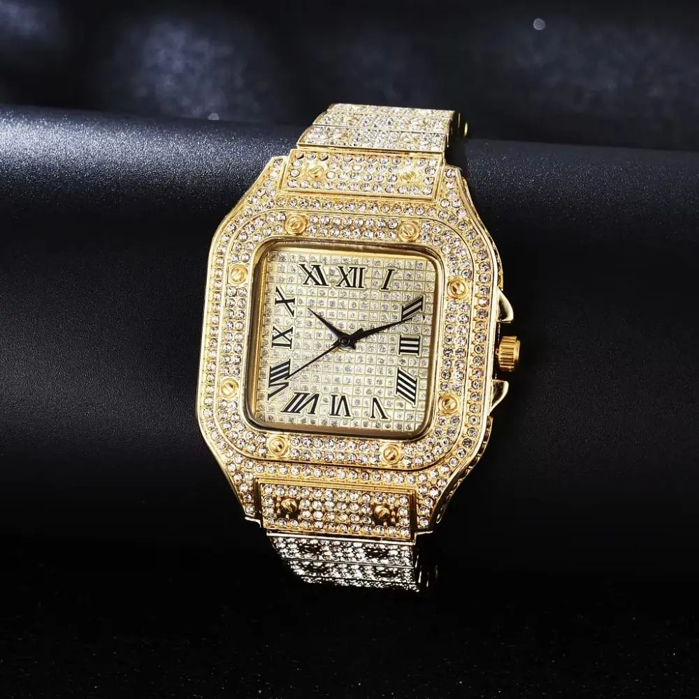 Waterproof Classic Luxury Business Watch Square Roman Scale Quartz Wristwatch Rhinestone Steel Strap Men Watch Male Fashion