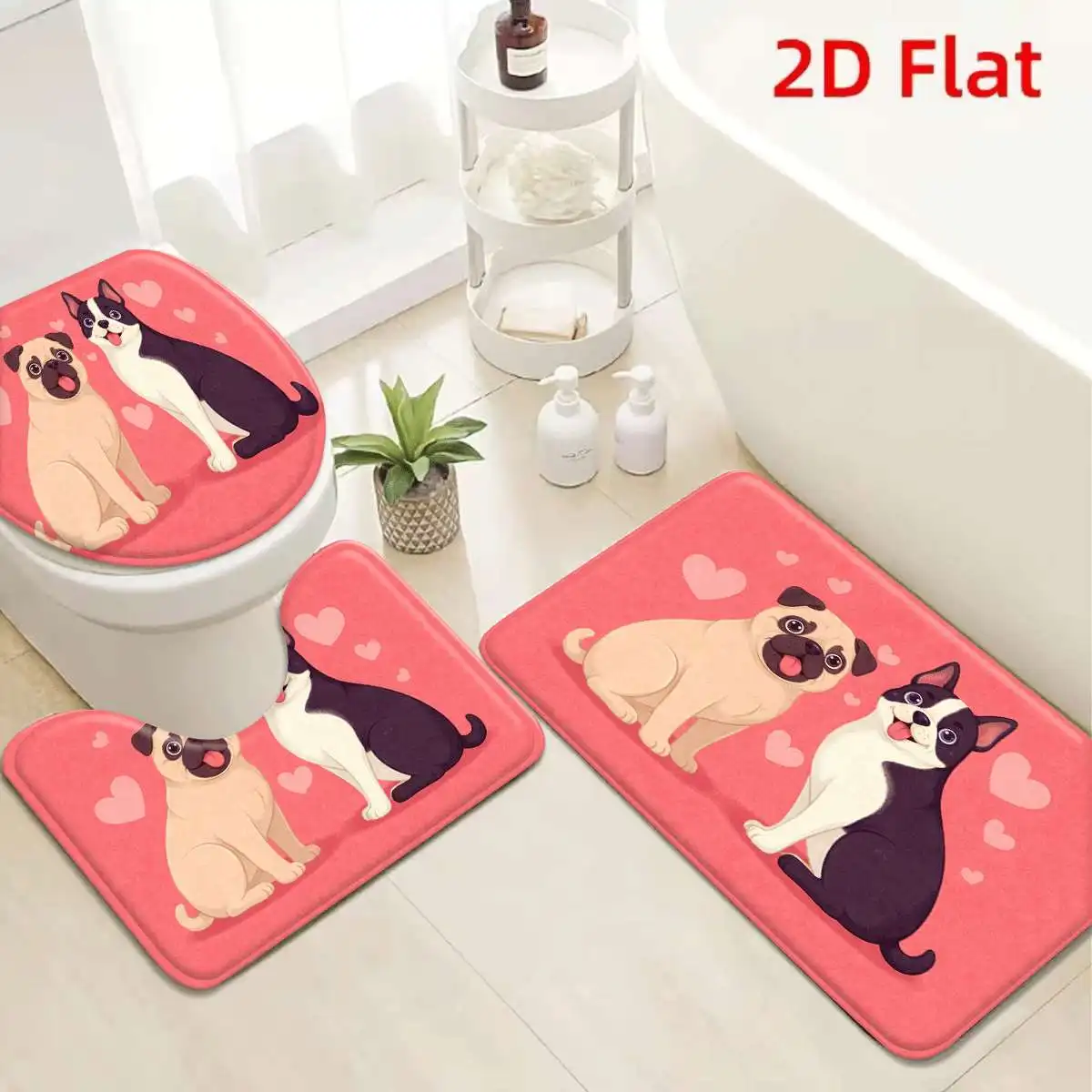 

3Pcs Coral Pink Pug Boston Terrier Bath Mat Non Slip Absorbent Toilet Rug with Lid Cover for Bathroom Washable Flannel Base