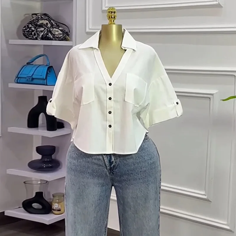 HKSH Wiosna Lato Nowa Damska Koszula z Kołnierzykiem, Zapinana na Guziki, z Kieszeniami, Uniwersalna Krótka Bluzka, Eleganckie Codzienne Top HK17241