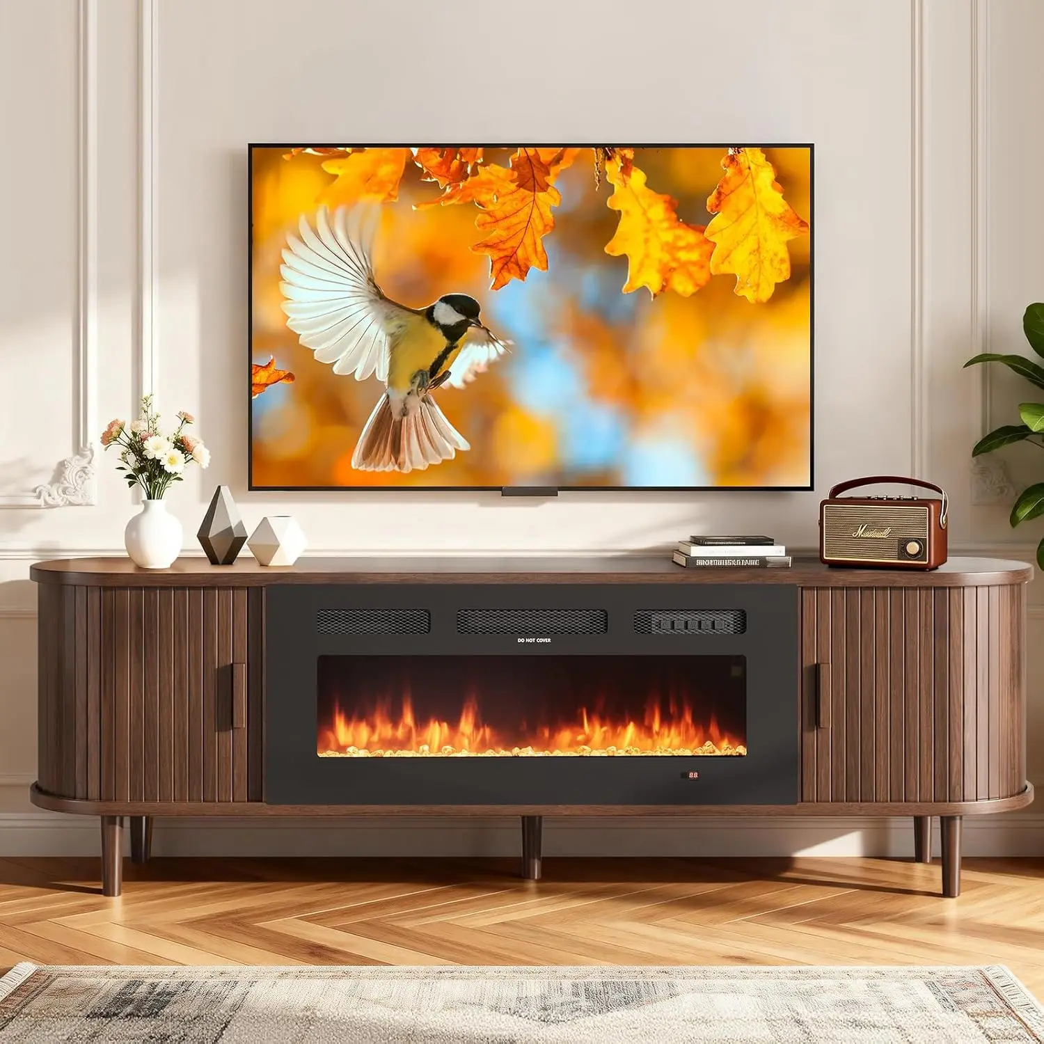 #70″ Fluted Fireplace TV Stand, Mid Century Modern TV Stand with 36″ Fireplace for TVs Up to 80