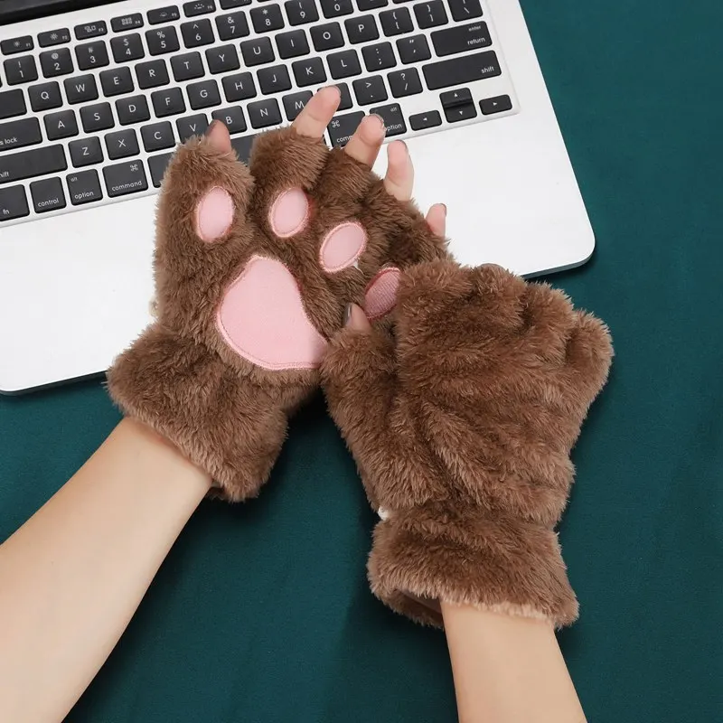 Frauen Cartoon Katze Klaue Handschuhe Verdickt Plüsch Schöne Stil Bärentatze Ausgesetzt Finger Halb Winter Fäustlinge Warme Mädchen Geschenk Handschuhe