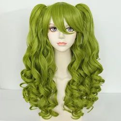 Capelli sintetici doppia coda di cavallo Lolita Bang 22 pollici lungo riccio ondulato erba verde artiglio Clip parrucca Cosplay per Halloween natale