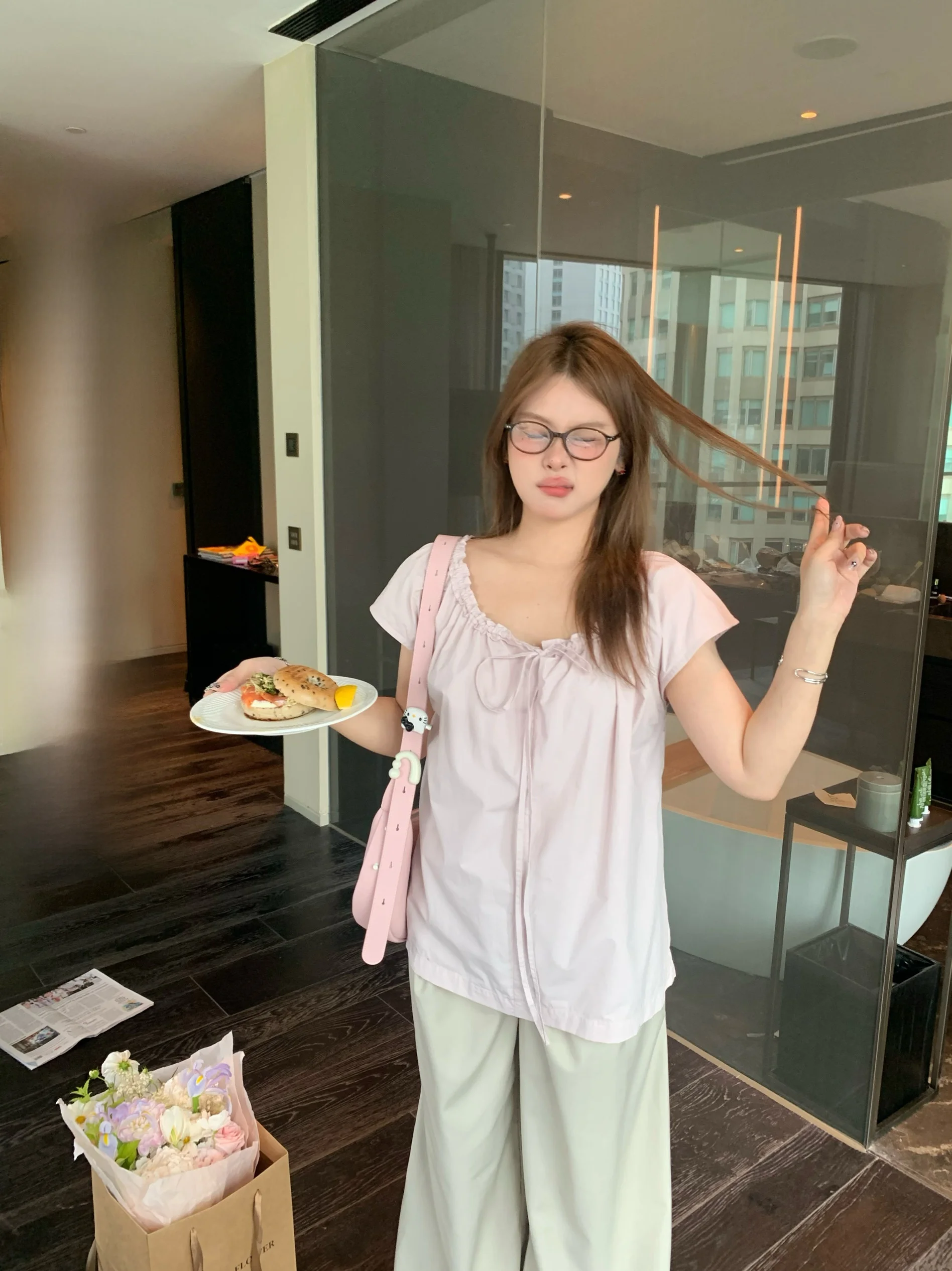 

Свободная женская футболка с коротким рукавом, розовая, в корейском стиле, с милым дизайном, повседневная, удобная, для работы, модная, летняя одежда