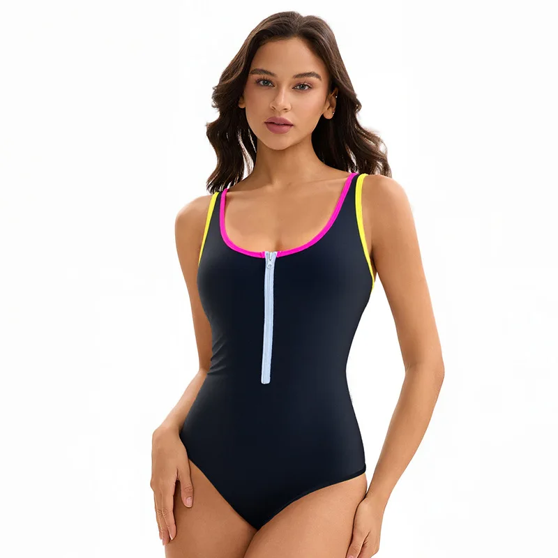 

Sexy Sport Type Plus Size One Piece Swimsuit Women Sporty Splicing Zipper Front Bathing Suit Women Female Scoop Neck Bodysuit