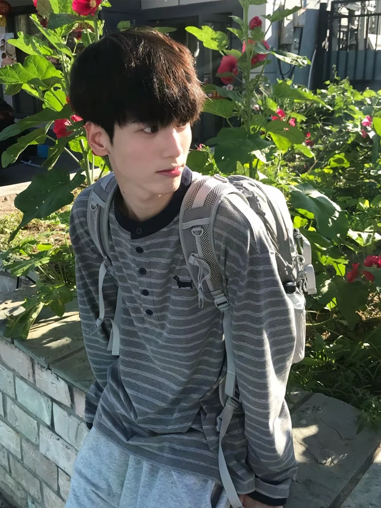 

Ey American Henry Collar Striped Long Sve Мужская осенняя элитная вышивка собаки в стиле ретро, цветная блузка, универсальная основа irt