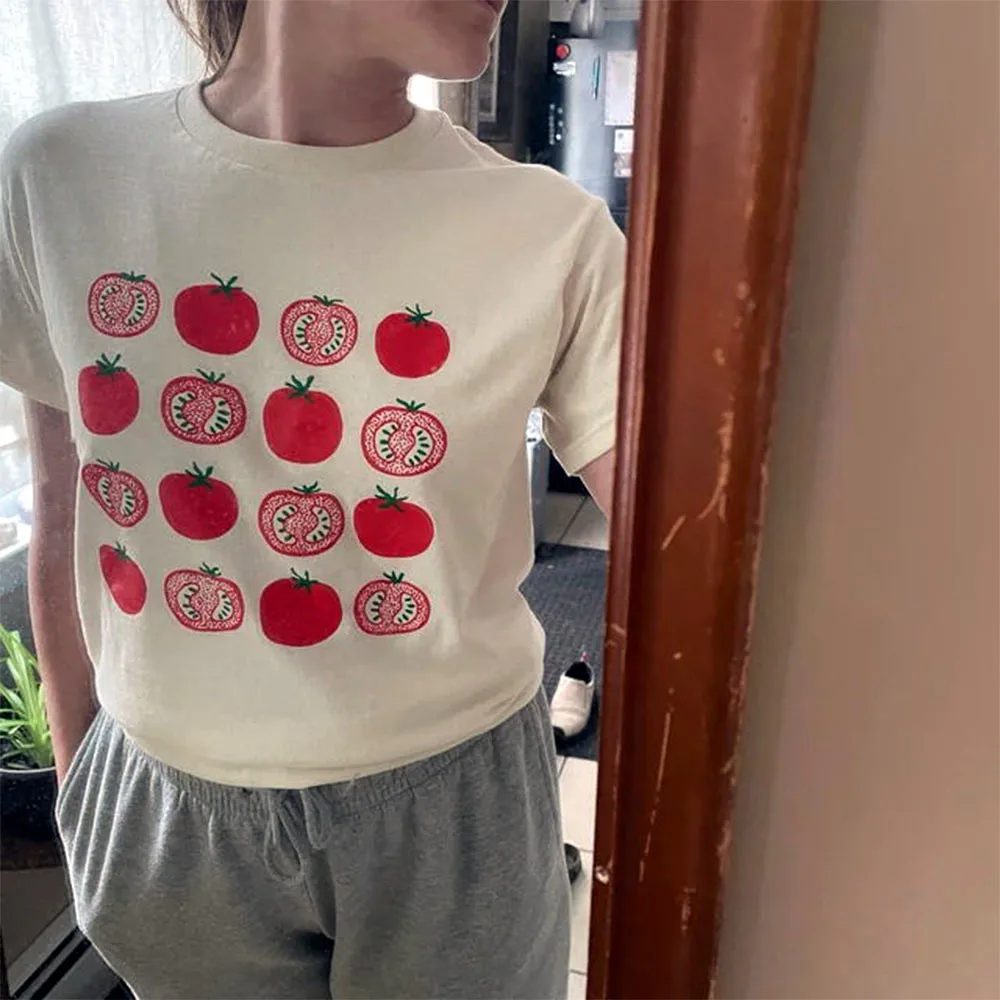 Cute Tomatoes Printing Female Graphic T Shirts Short Sleeve Loose Cotton Casual Summer Tops Tees Prairie Chic Aesthetic Shirts