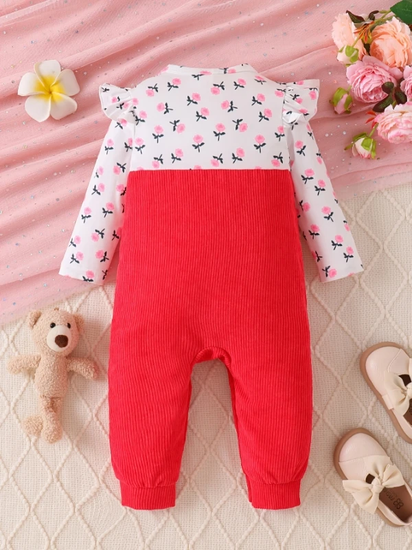 Spring Autumn Baby Girl Romper round Neck Print Patchwork Embroidery Fake Two-Piece Long Sleeve Onesie for Infants And Toddlers