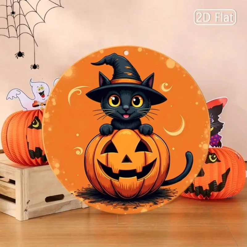 1 шт. 8x8 дюймов 2D плоский круглый металлический знак на Хэллоуин — черный кот в шляпе ведьмы на тыкве, оранжевый фон с пузырьками, легко повесить