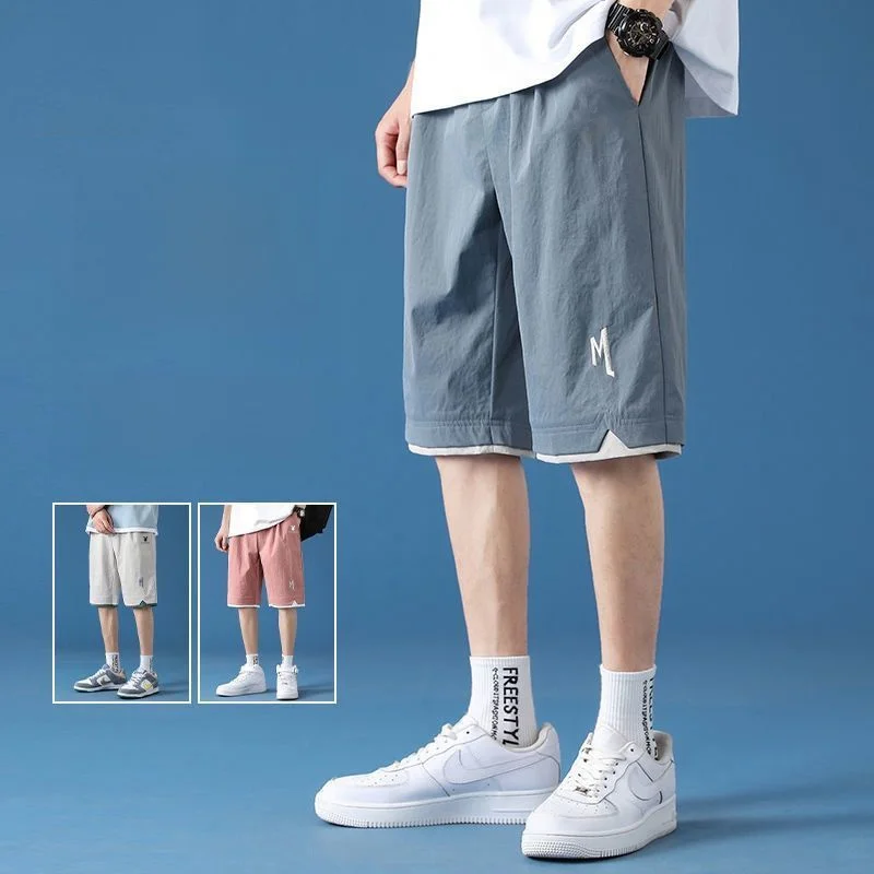 Pantalones deportivos holgados para correr para hombre, pantalón informal, fino, de seda helada, para verano, para estudiantes, pierna recta de cintura media alta de cinco puntos