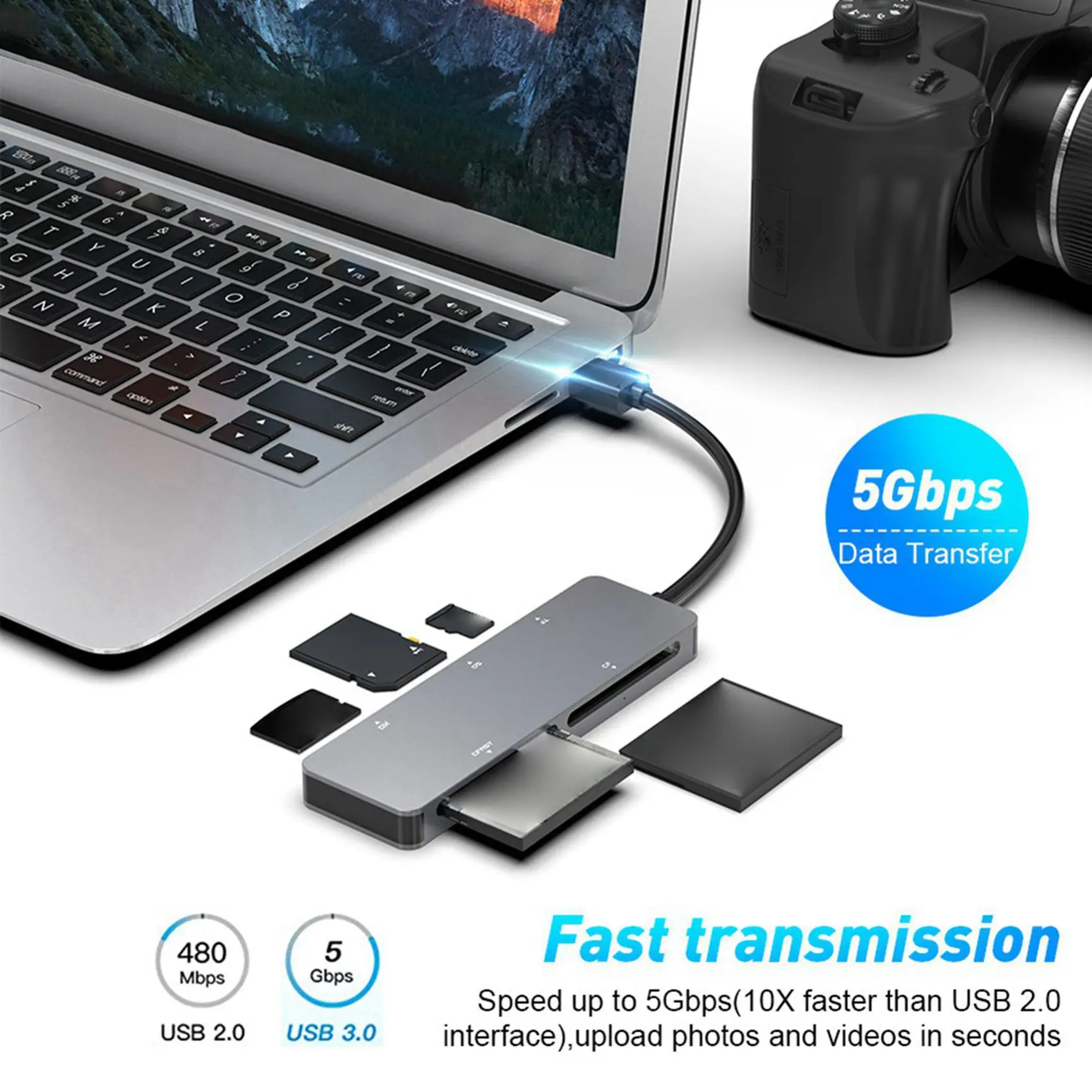 Exquisite-2X USB 3.0 Multifunction Card Reader Cfast/CF/XD/SD/TF Card Reader 5 In 1 USB Card Reader 5Gbps For PC Laptop