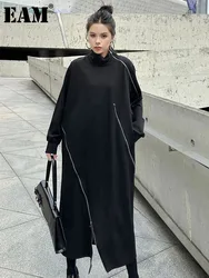 [EAM] Women Black Zippers Irregular Slit Big Size Dress New Turtleneck Long Sleeve Fashion Tide Spring Autumn 2024 1DH8122