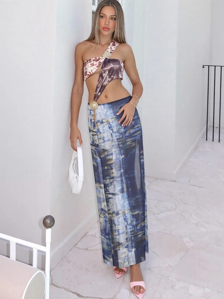 فستان ماكسي غير متماثل برقبة مائلة من Sisterlinda فستان مثير بفتحة عالية ومطبوع بألواح فستان Mujer رداء حفلات منتصف الليل #4