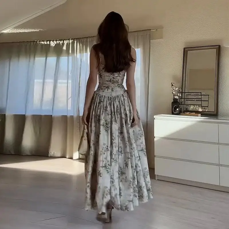 

2025 New Cross-Border Women's Fashion Long Dress Strapless Waist-Cinching Splice Floral Print Sleeveless City Walk Dress